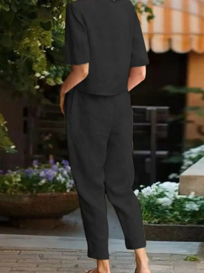 Full Size Round Neck Short Sleeve Top and Pants Set Plus Size The Nichole Collection