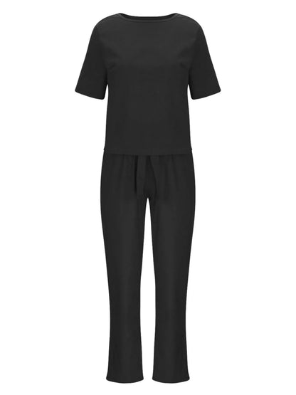 Full Size Round Neck Short Sleeve Top and Pants Set Plus Size The Nichole Collection