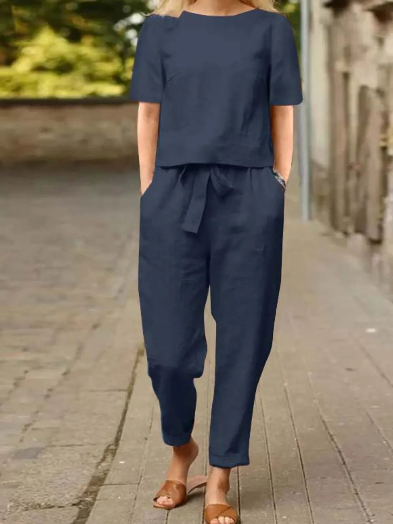 Full Size Round Neck Short Sleeve Top and Pants Set Plus Size Blue / S The Nichole Collection