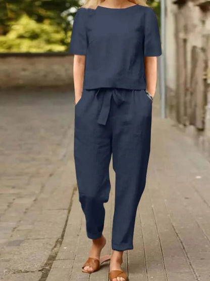 Full Size Round Neck Short Sleeve Top and Pants Set Plus Size Blue / S The Nichole Collection