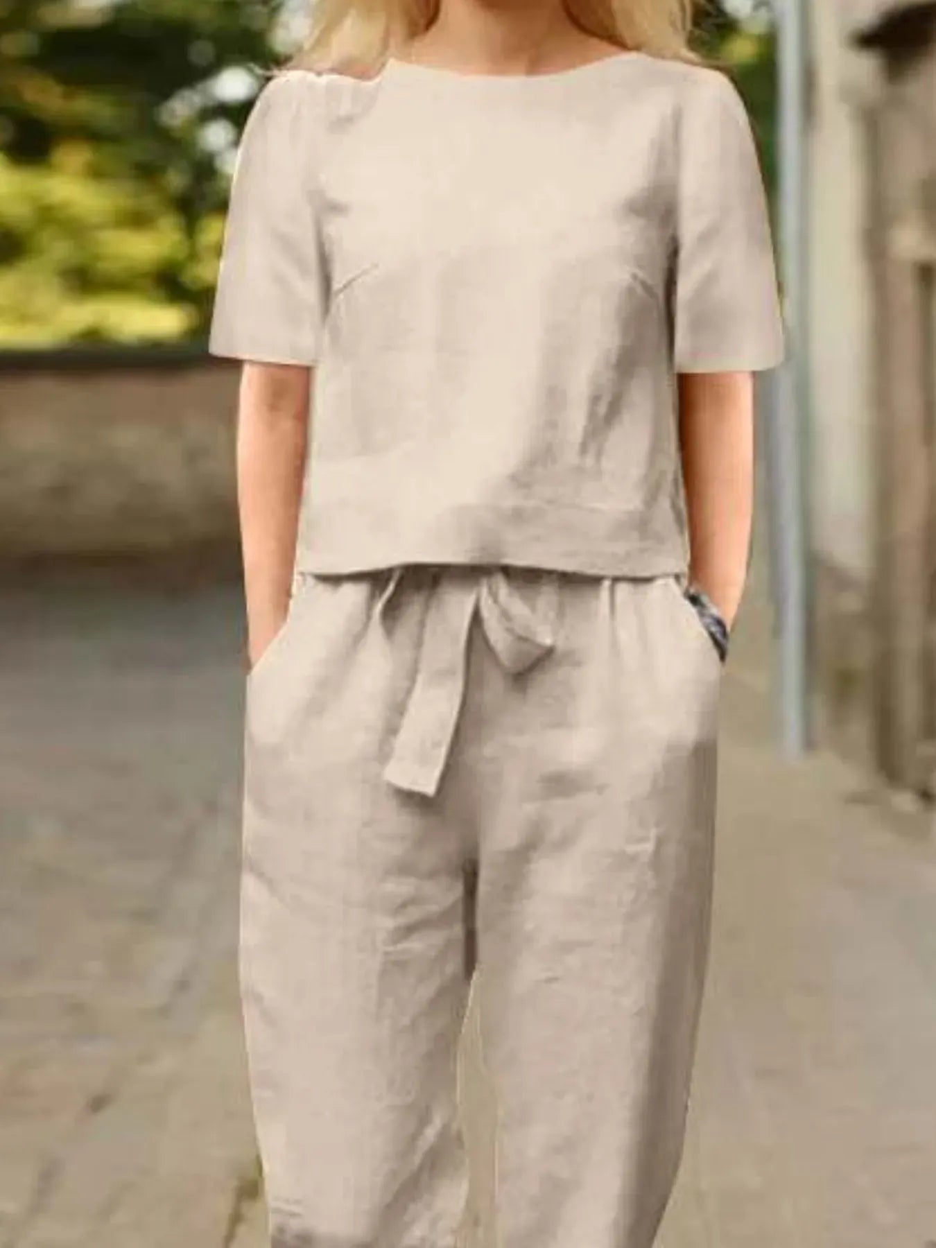 Full Size Round Neck Short Sleeve Top and Pants Set Plus Size Khaki / S The Nichole Collection