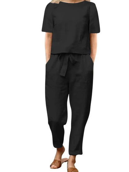 Full Size Round Neck Short Sleeve Top and Pants Set Plus Size Black / S The Nichole Collection