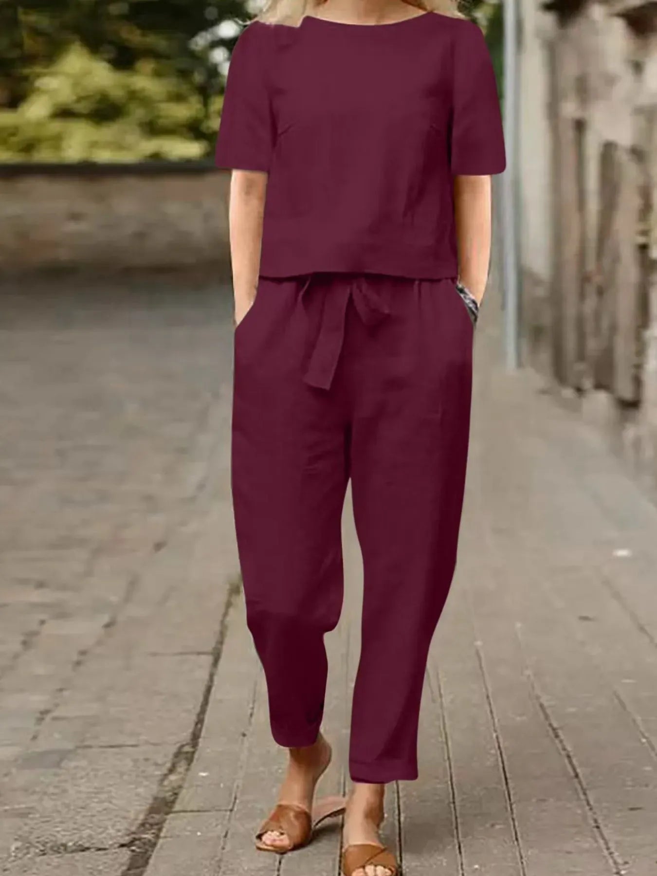 Full Size Round Neck Short Sleeve Top and Pants Set Plus Size Burgundy / S The Nichole Collection