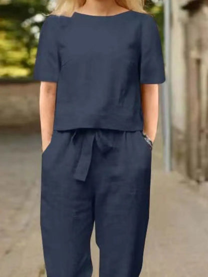 Full Size Round Neck Short Sleeve Top and Pants Set Plus Size The Nichole Collection