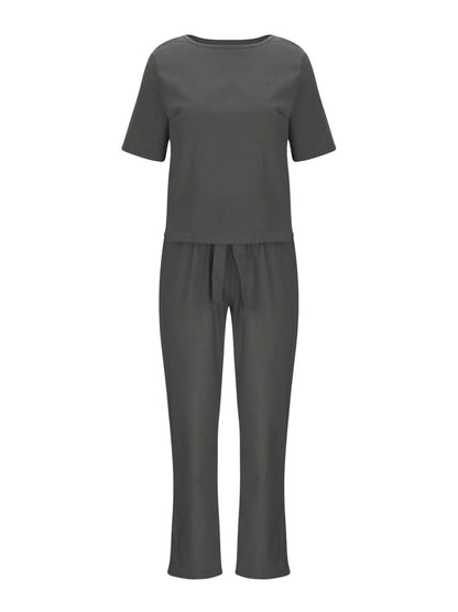 Full Size Round Neck Short Sleeve Top and Pants Set Plus Size The Nichole Collection