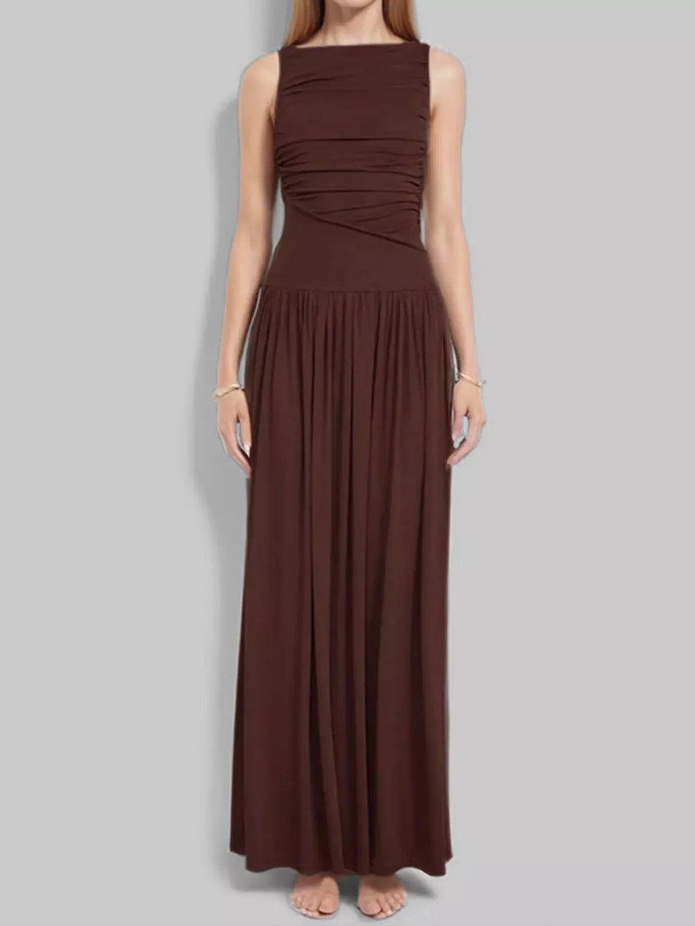 Full Size Ruched Sleeveless Maxi Dress Plus Size Brown / S The Nichole Collection