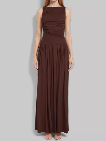 Full Size Ruched Sleeveless Maxi Dress Plus Size Brown / S The Nichole Collection
