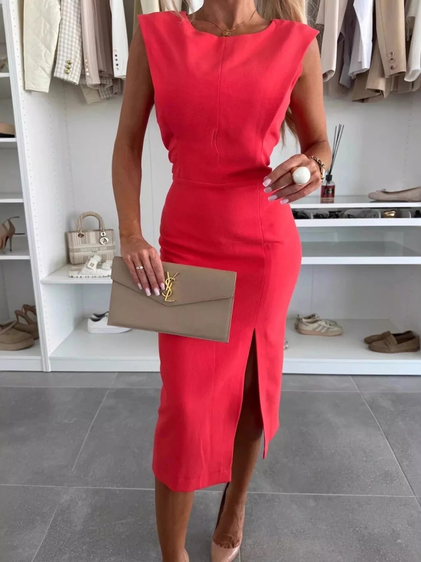 Full Size Slit Round Neck Sleeveless Dress Plus Size Red / XS Trendsi