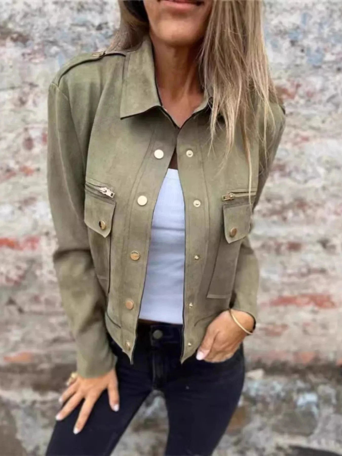 Full Size Snap Down Long Sleeve Jacket Plus Size Trendsi