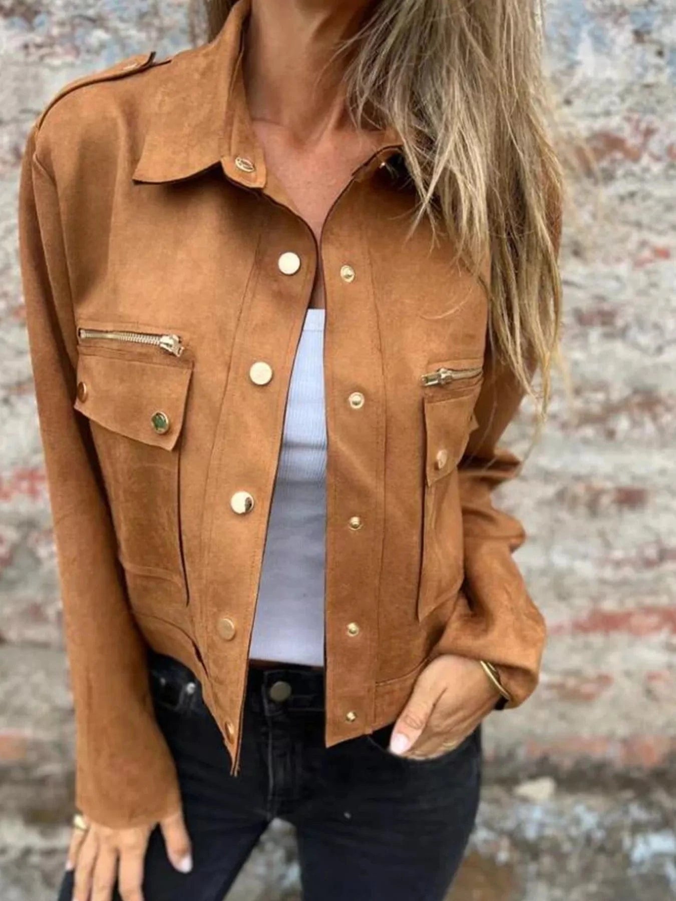 Full Size Snap Down Long Sleeve Jacket Plus Size Ochre / S Trendsi