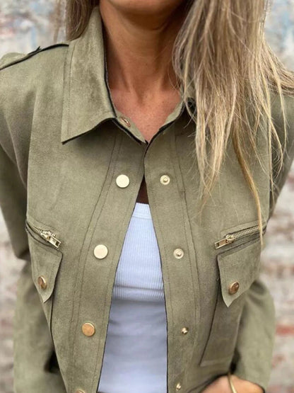 Full Size Snap Down Long Sleeve Jacket Plus Size Trendsi