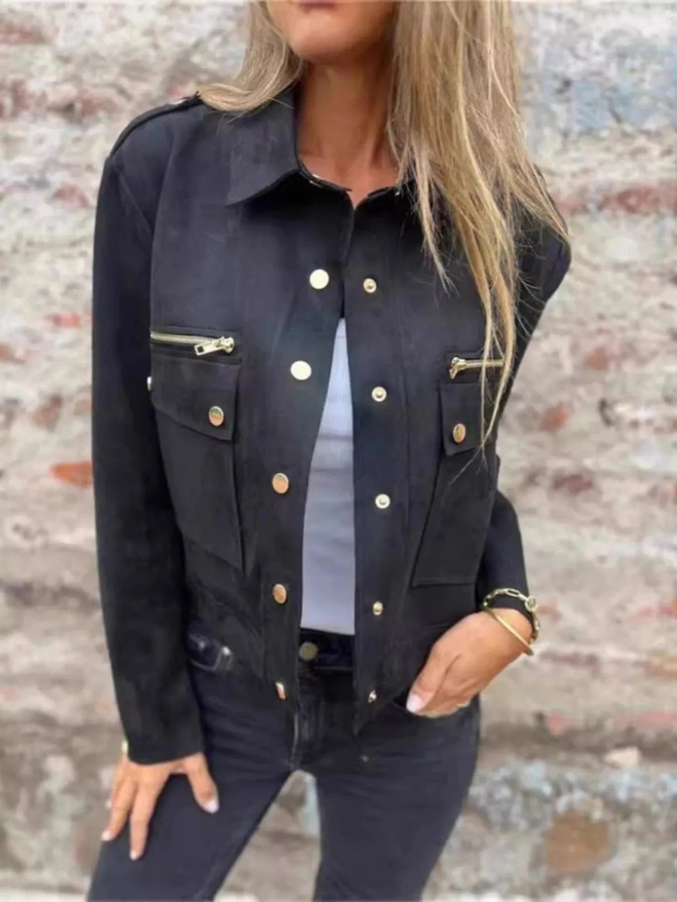 Full Size Snap Down Long Sleeve Jacket Plus Size Black / S Trendsi