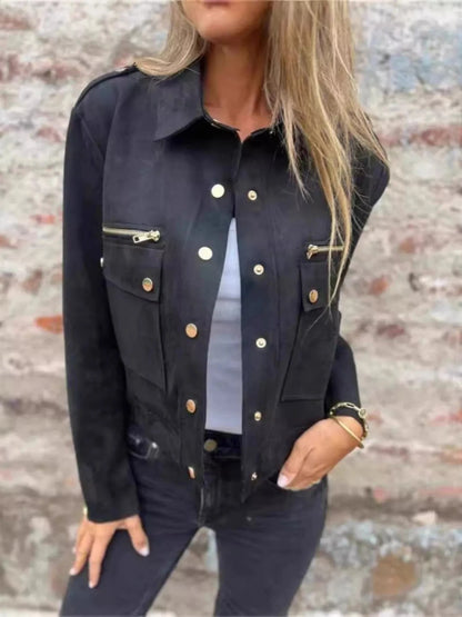 Full Size Snap Down Long Sleeve Jacket Plus Size Black / S Trendsi