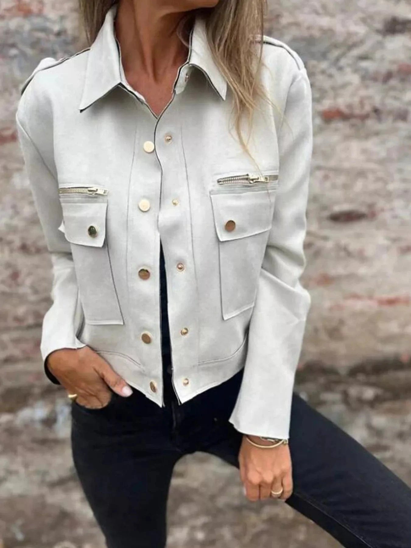 Full Size Snap Down Long Sleeve Jacket Plus Size White / S Trendsi