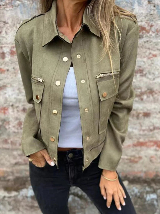 Full Size Snap Down Long Sleeve Jacket Plus Size Army Green / S Trendsi