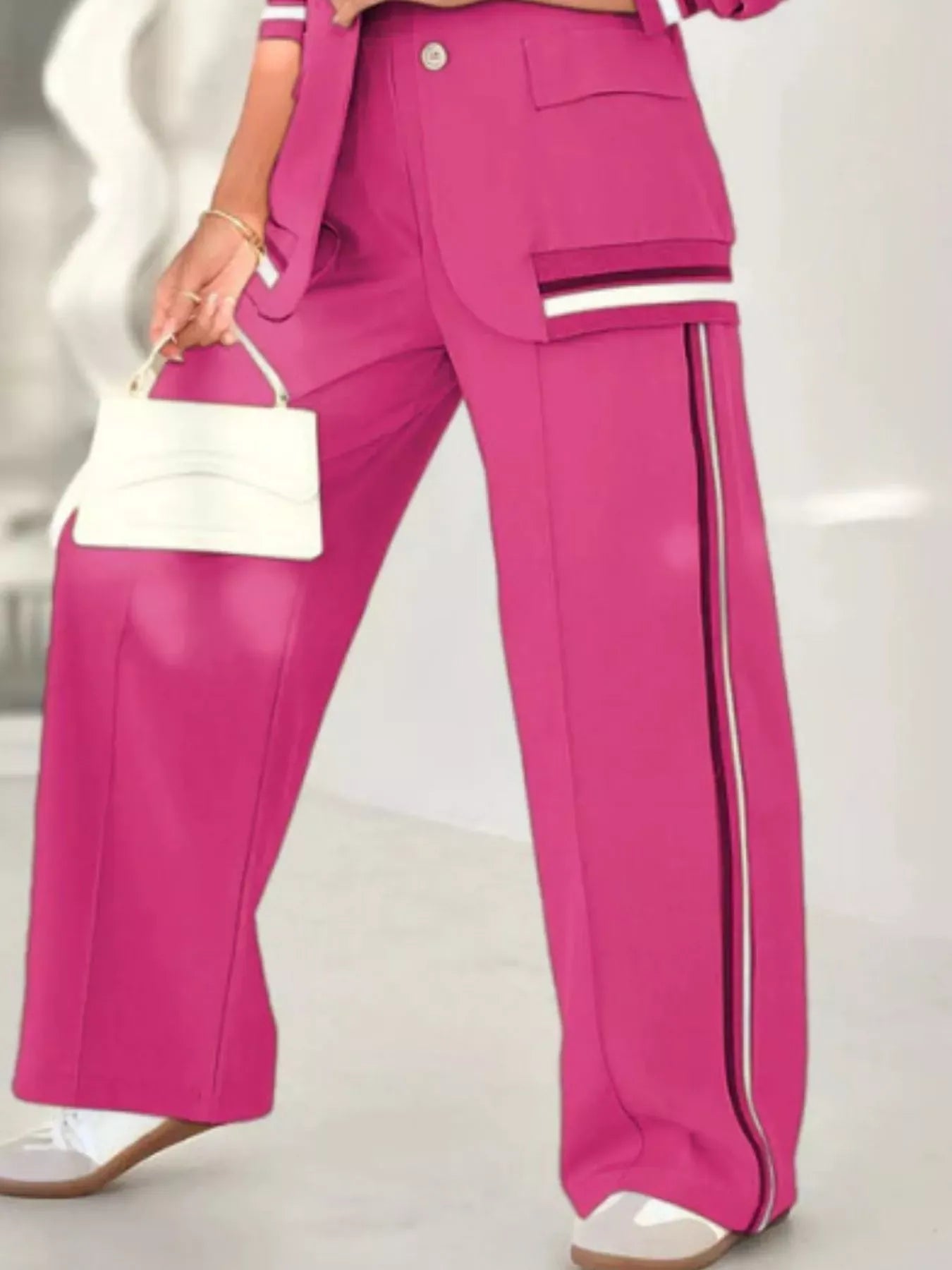 Full Size Striped Trim Button Down Jacket and Pants Set Plus Size Women's Sets The Nichole Collection