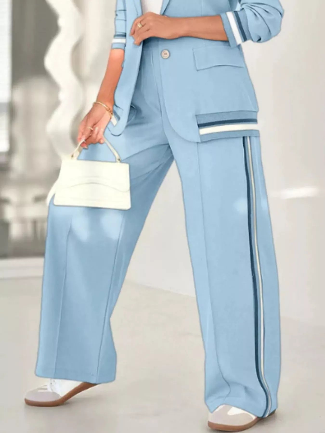 Full Size Striped Trim Button Down Jacket and Pants Set Plus Size Women's Sets The Nichole Collection