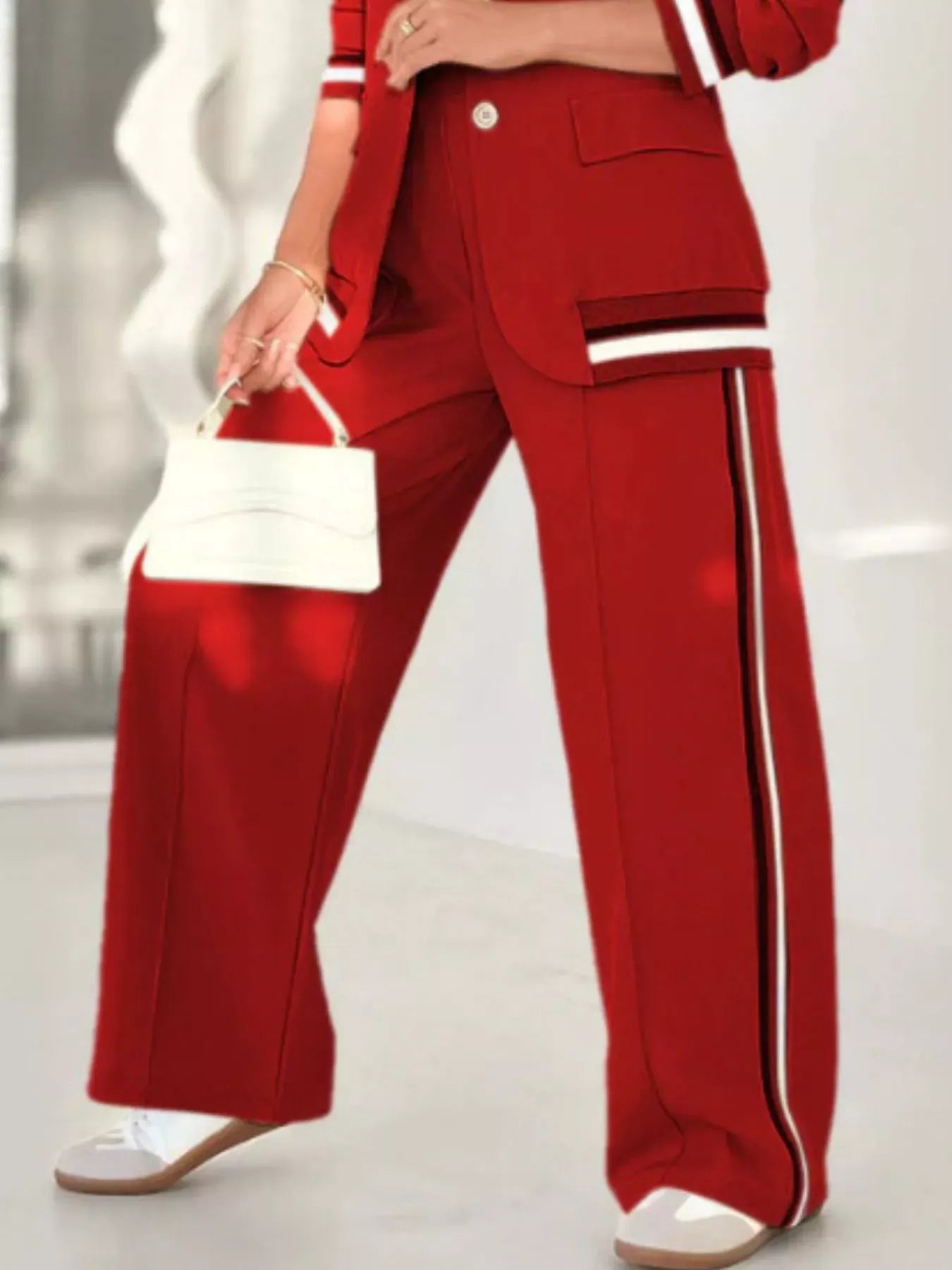 Full Size Striped Trim Button Down Jacket and Pants Set Plus Size Women's Sets The Nichole Collection