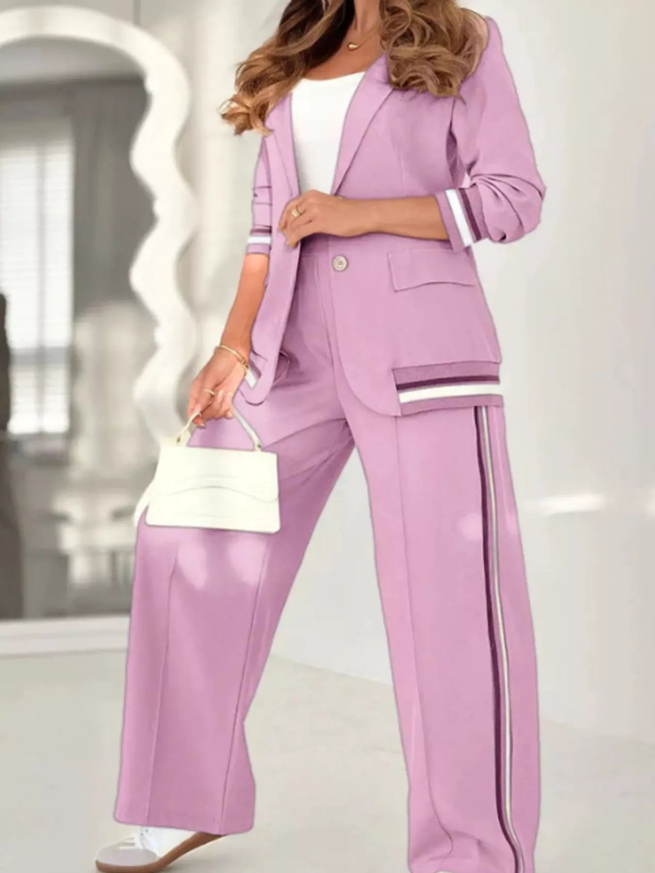 Full Size Striped Trim Button Down Jacket and Pants Set Plus Size Women's Sets Pink / XS The Nichole Collection