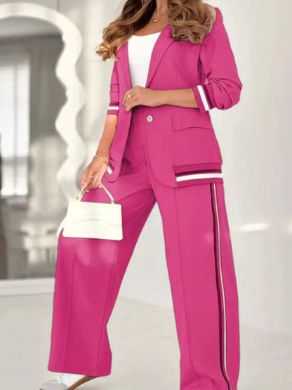 Full Size Striped Trim Button Down Jacket and Pants Set Plus Size Women's Sets Purple / XS The Nichole Collection