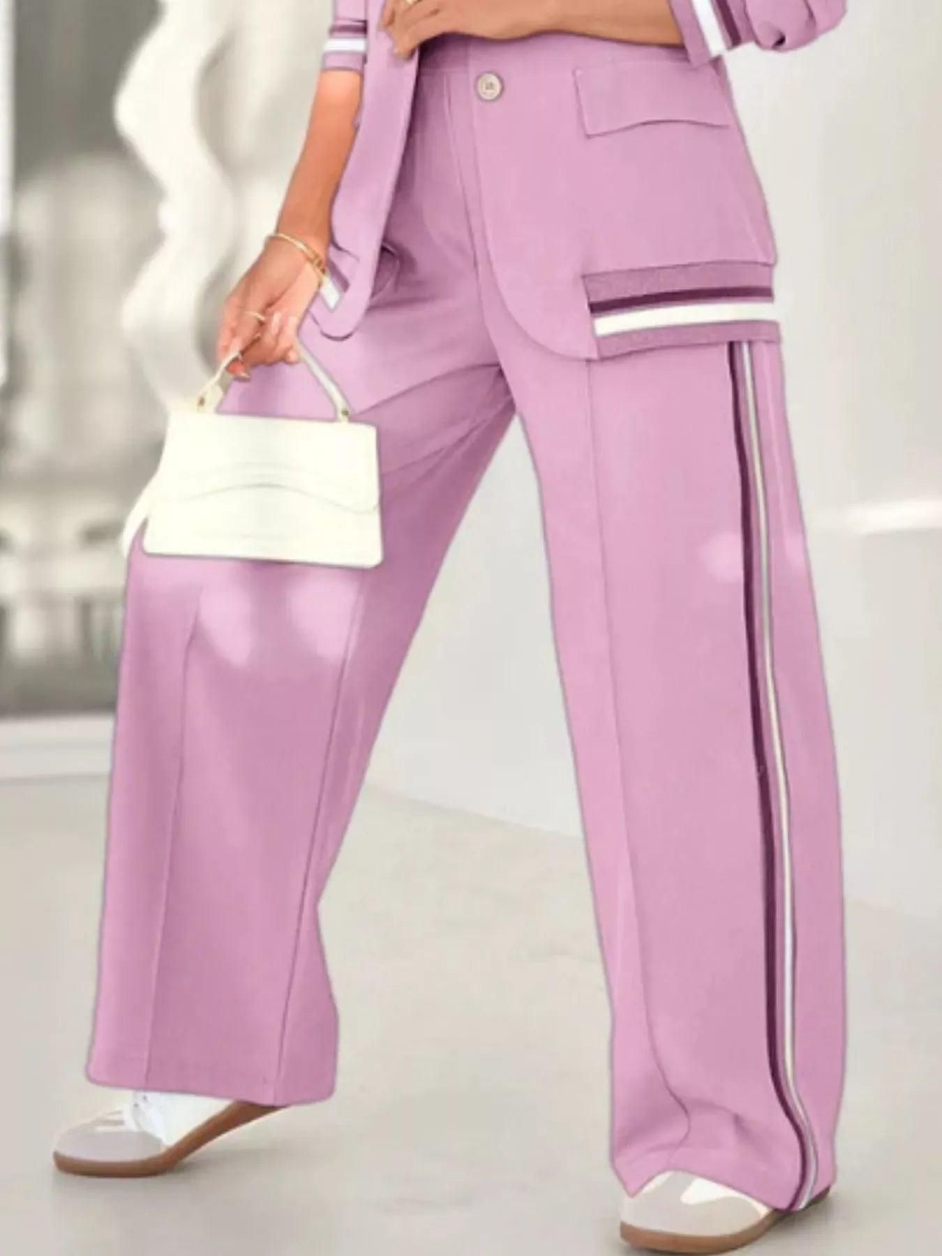 Full Size Striped Trim Button Down Jacket and Pants Set Plus Size Women's Sets The Nichole Collection