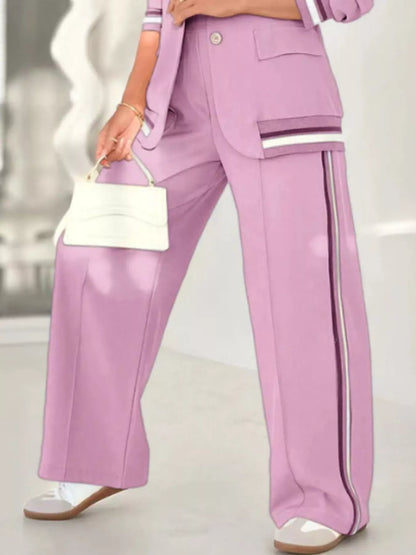 Full Size Striped Trim Button Down Jacket and Pants Set Plus Size Women's Sets The Nichole Collection