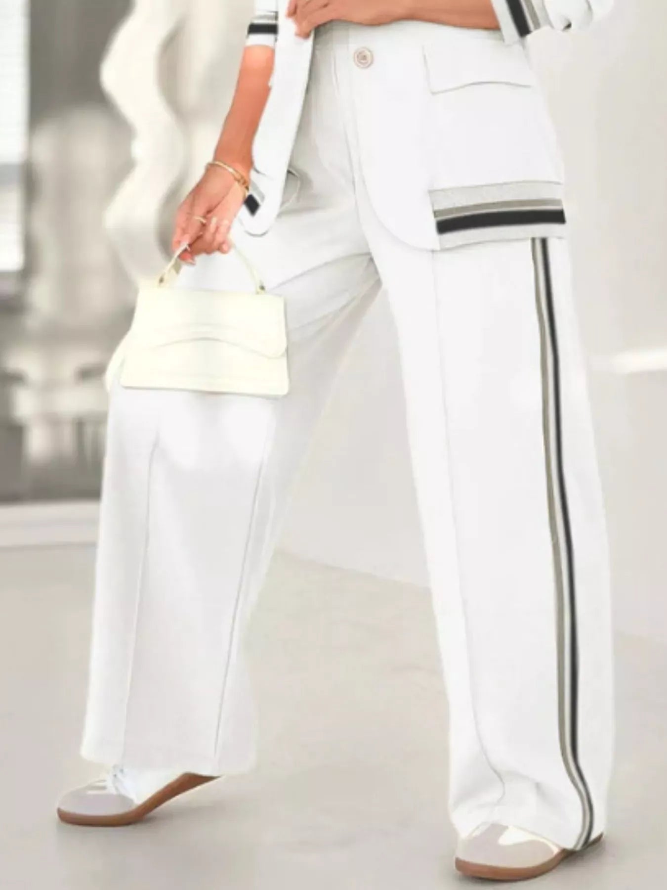 Full Size Striped Trim Button Down Jacket and Pants Set Plus Size Women's Sets The Nichole Collection