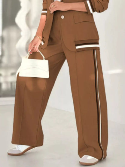 Full Size Striped Trim Button Down Jacket and Pants Set Plus Size Women's Sets The Nichole Collection