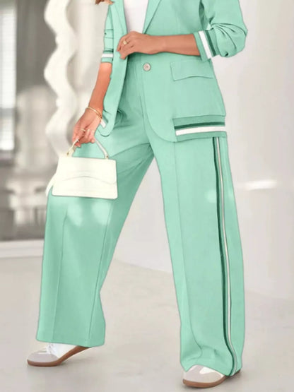 Full Size Striped Trim Button Down Jacket and Pants Set Plus Size Women's Sets The Nichole Collection