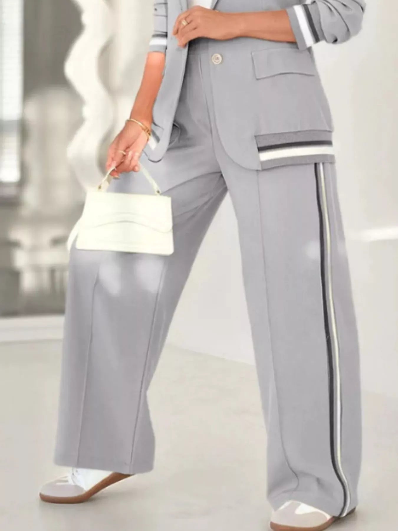 Full Size Striped Trim Button Down Jacket and Pants Set Plus Size Women's Sets The Nichole Collection