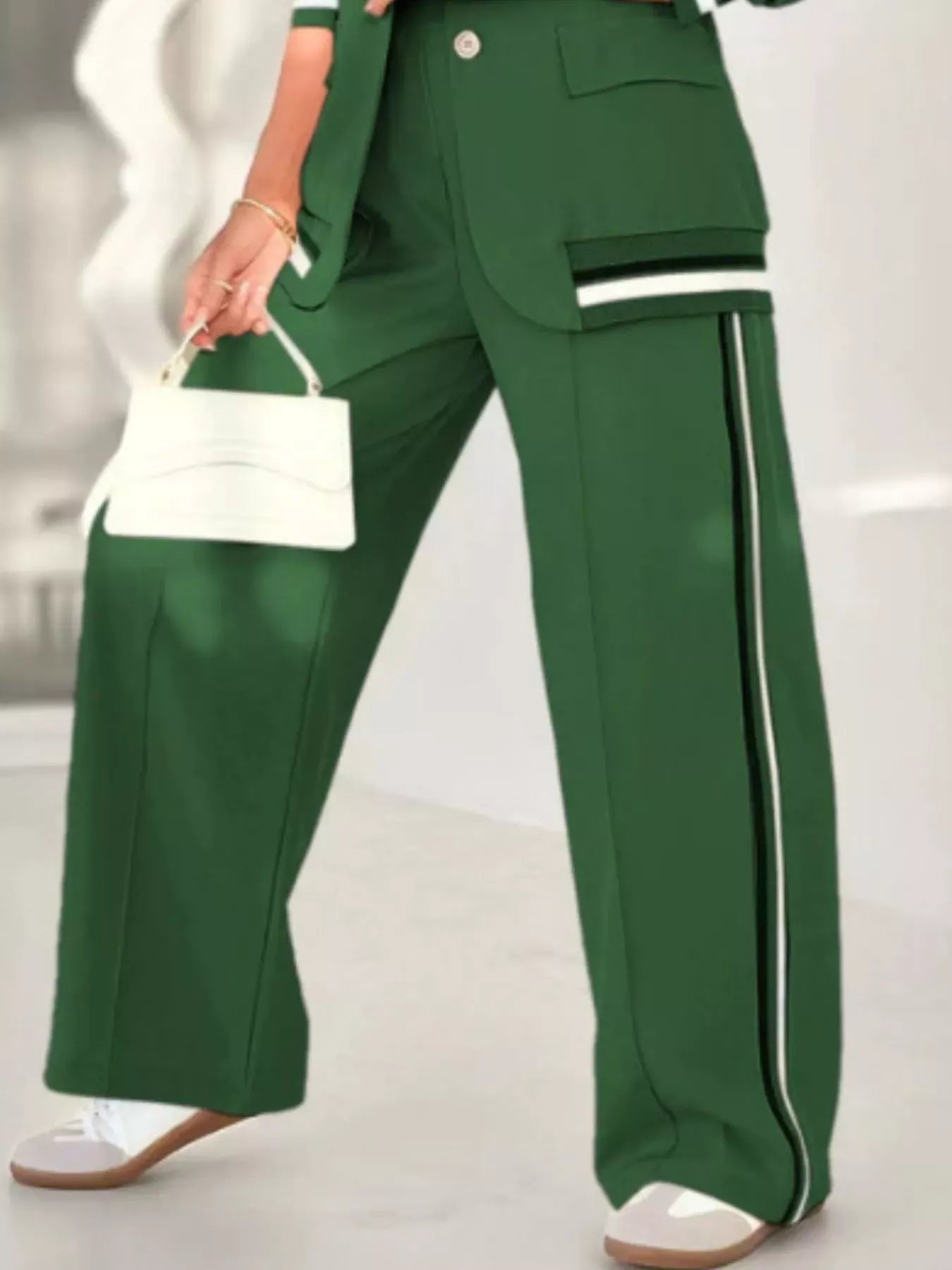 Full Size Striped Trim Button Down Jacket and Pants Set Plus Size Women's Sets The Nichole Collection