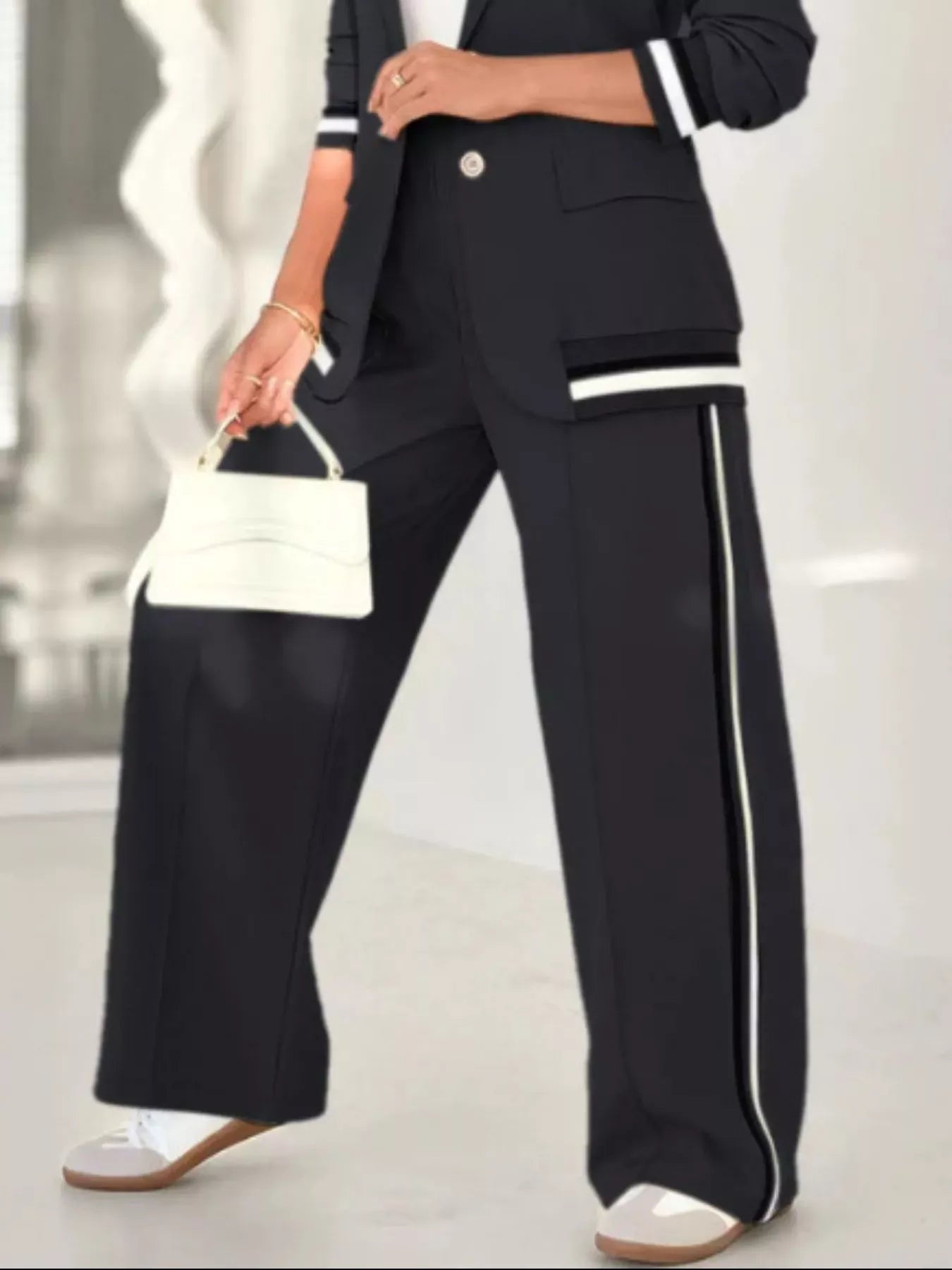 Full Size Striped Trim Button Down Jacket and Pants Set Plus Size Women's Sets The Nichole Collection