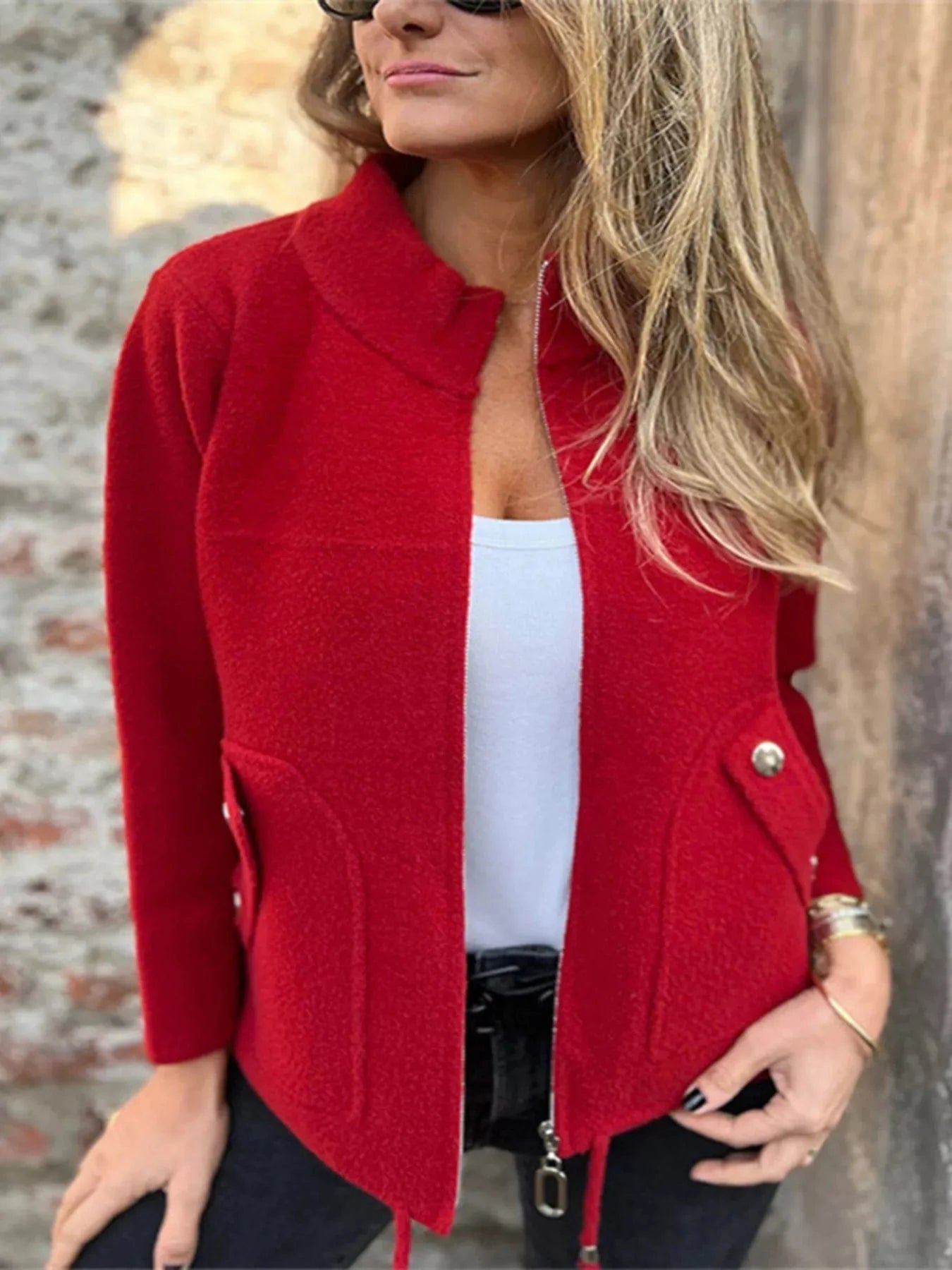 Full Size Zip-Up Long Sleeve Outerwear Plus Size Red / XS Trendsi