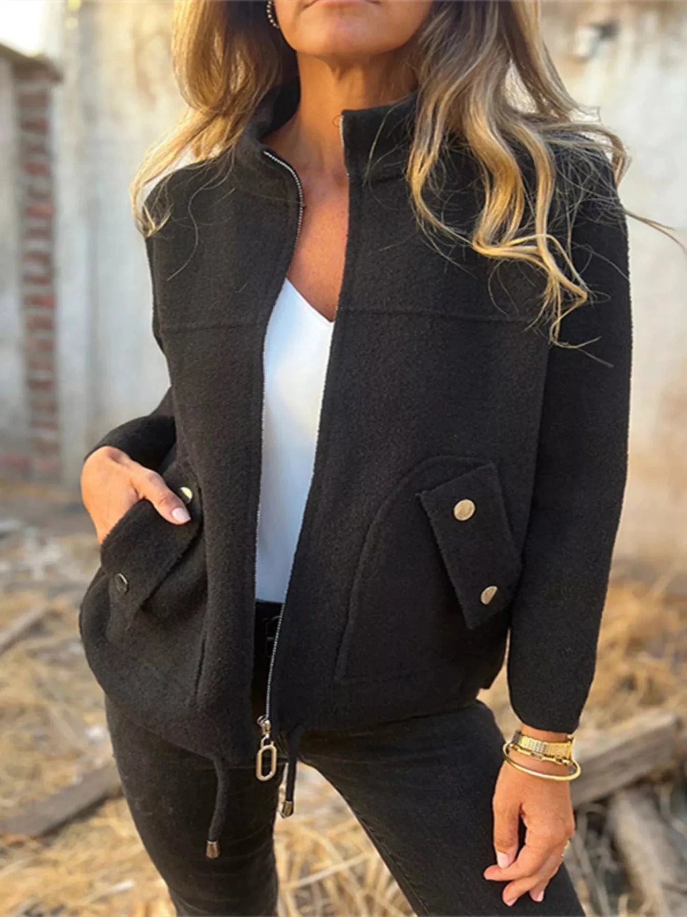 Full Size Zip-Up Long Sleeve Outerwear Plus Size Black / XS Trendsi