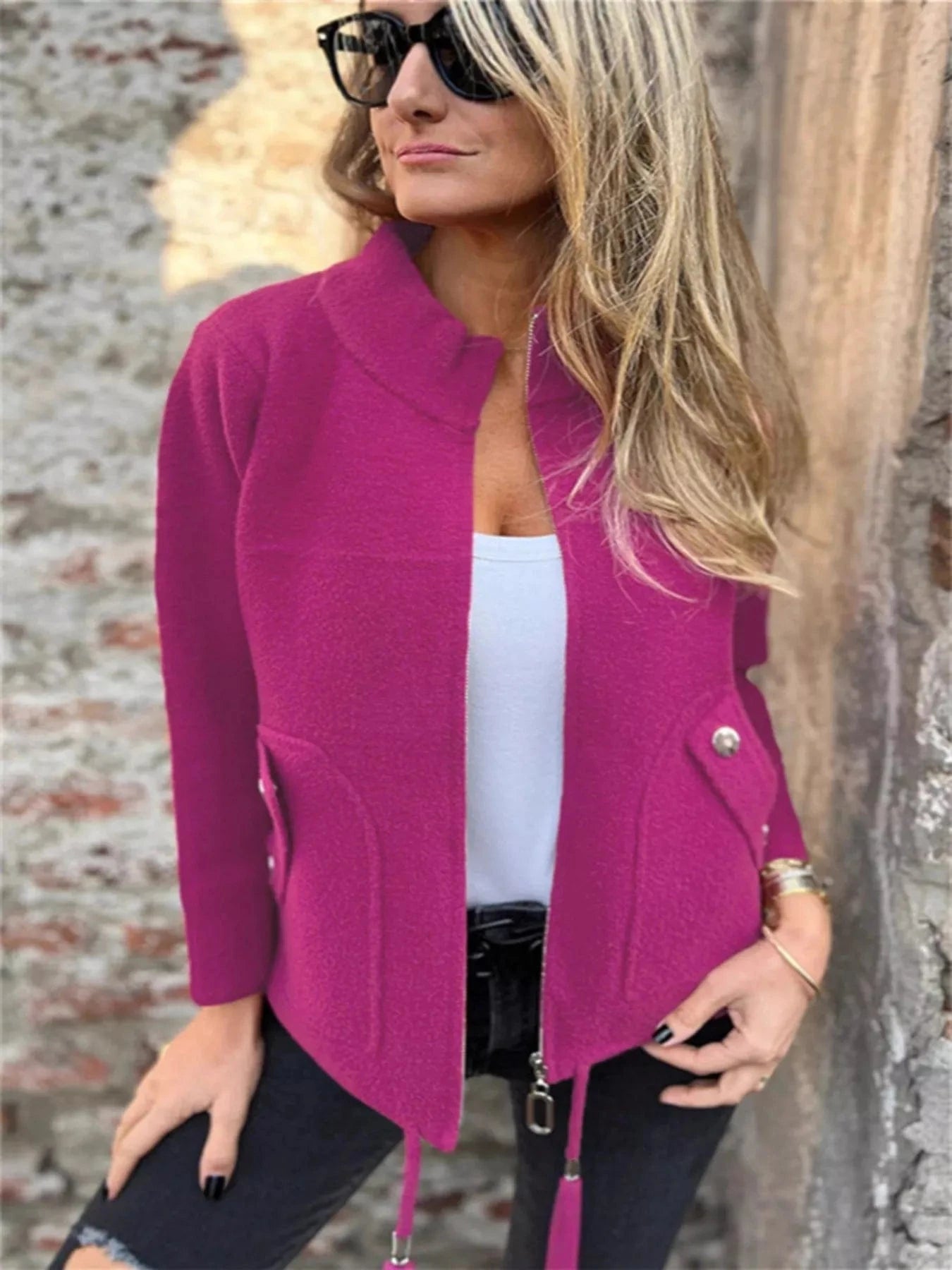 Full Size Zip-Up Long Sleeve Outerwear Plus Size Hot Pink / XS Trendsi