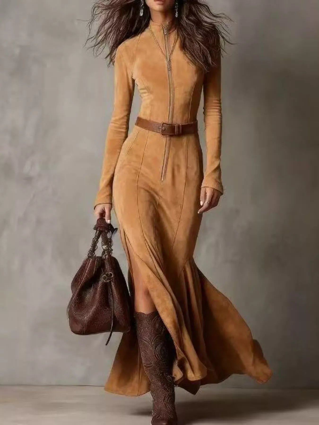 Full Size Zipper Front Long Sleeve Slit Maxi Dress Plus Size Tan / S The Nichole Collection