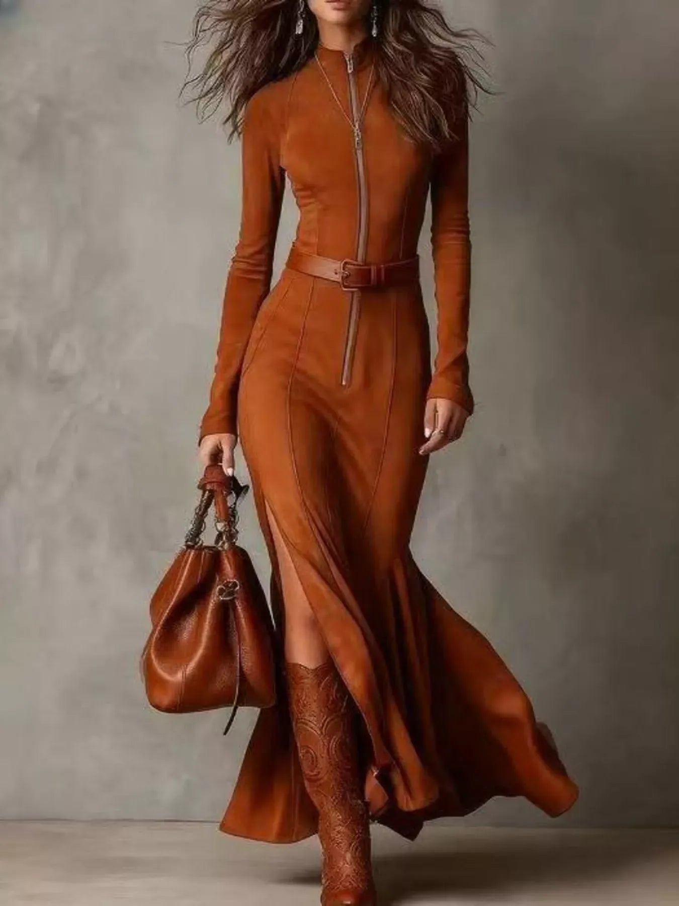 Full Size Zipper Front Long Sleeve Slit Maxi Dress Plus Size Orange-red / S The Nichole Collection