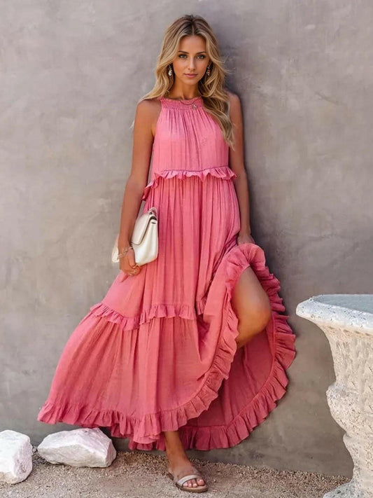 Fun Ruffled Sleeveless Tiered Maxi Dress with Pockets Dress Watermelon pink / S The Nichole Collection