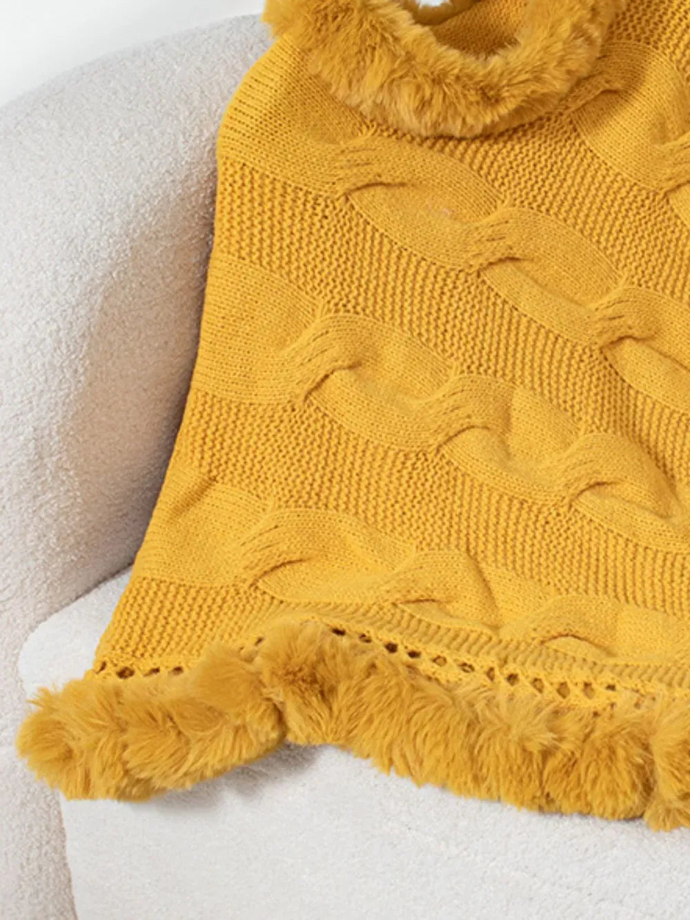 Fuzzy Hem Cable-Knit Poncho Poncho The Nichole Collection