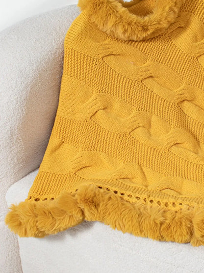 Fuzzy Hem Cable-Knit Poncho Poncho The Nichole Collection