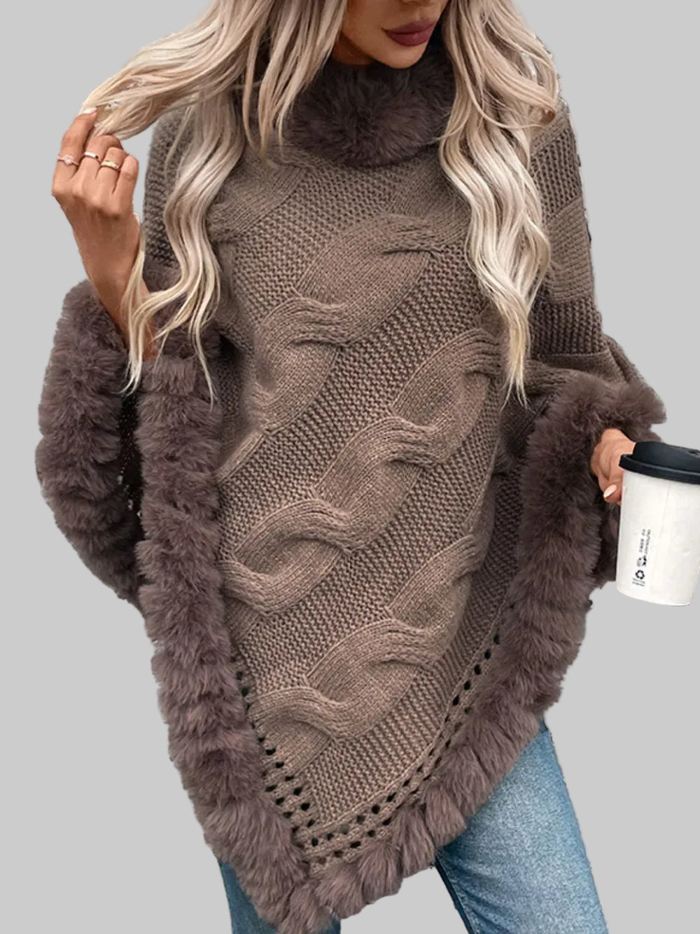 Fuzzy Hem Cable-Knit Poncho Poncho Mocha / One Size The Nichole Collection