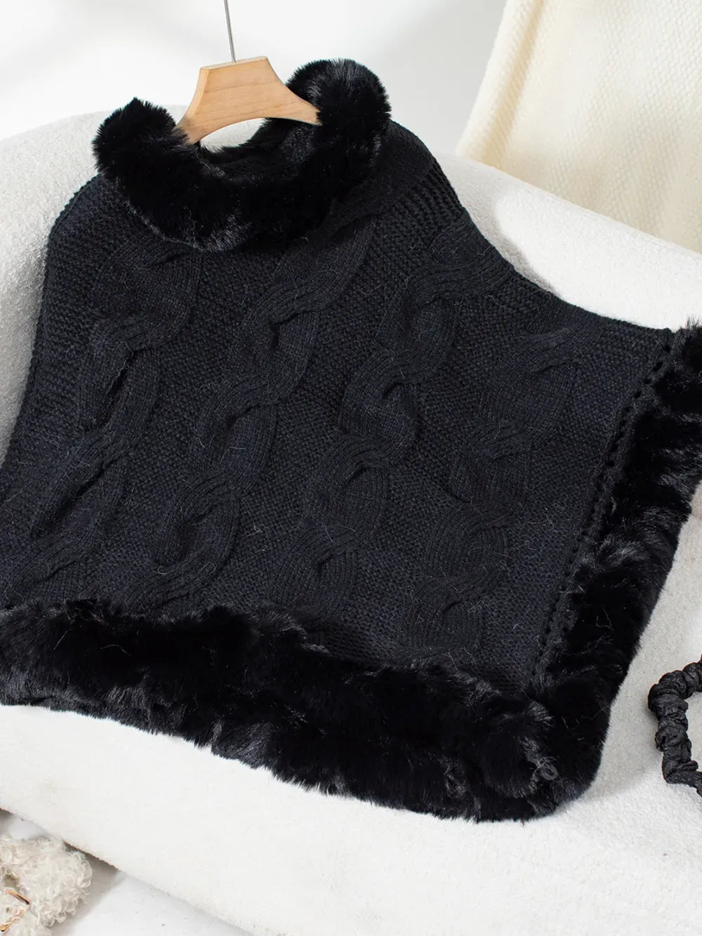 Fuzzy Hem Cable-Knit Poncho Poncho The Nichole Collection