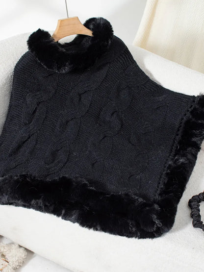 Fuzzy Hem Cable-Knit Poncho Poncho The Nichole Collection