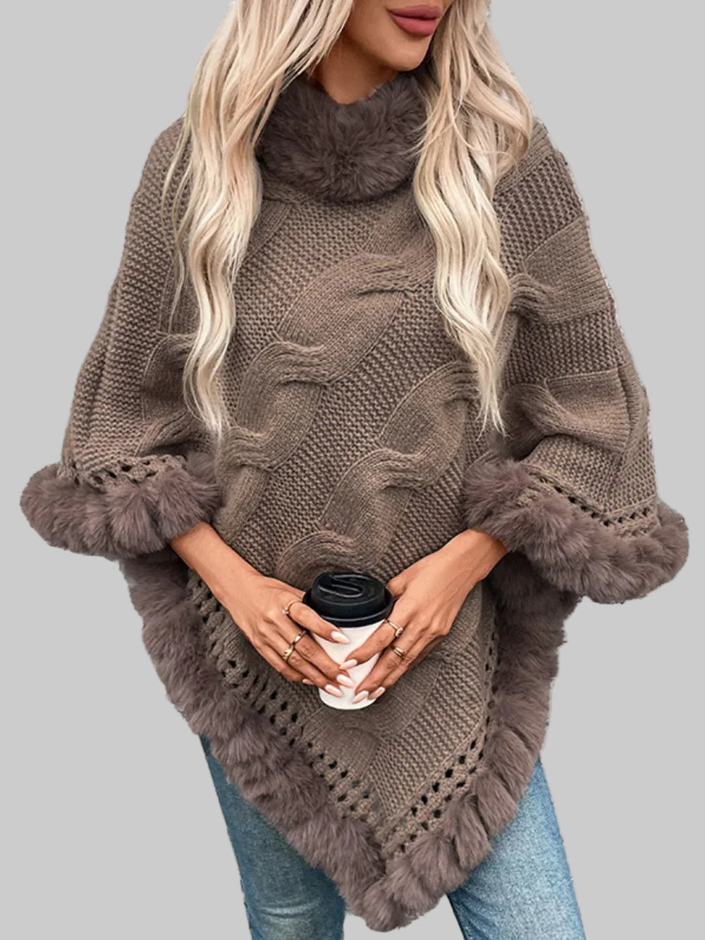 Fuzzy Hem Cable-Knit Poncho Poncho The Nichole Collection