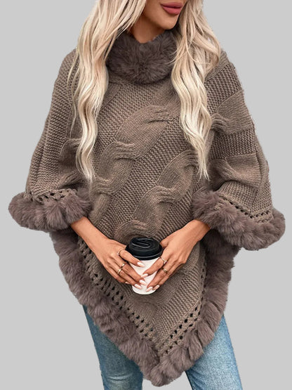 Fuzzy Hem Cable-Knit Poncho Poncho The Nichole Collection