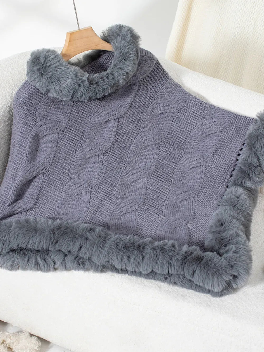 Fuzzy Hem Cable-Knit Poncho Poncho Dark Gray / One Size The Nichole Collection