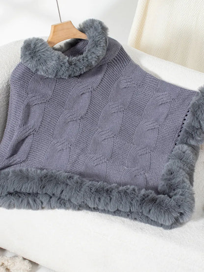 Fuzzy Hem Cable-Knit Poncho Poncho Dark Gray / One Size The Nichole Collection