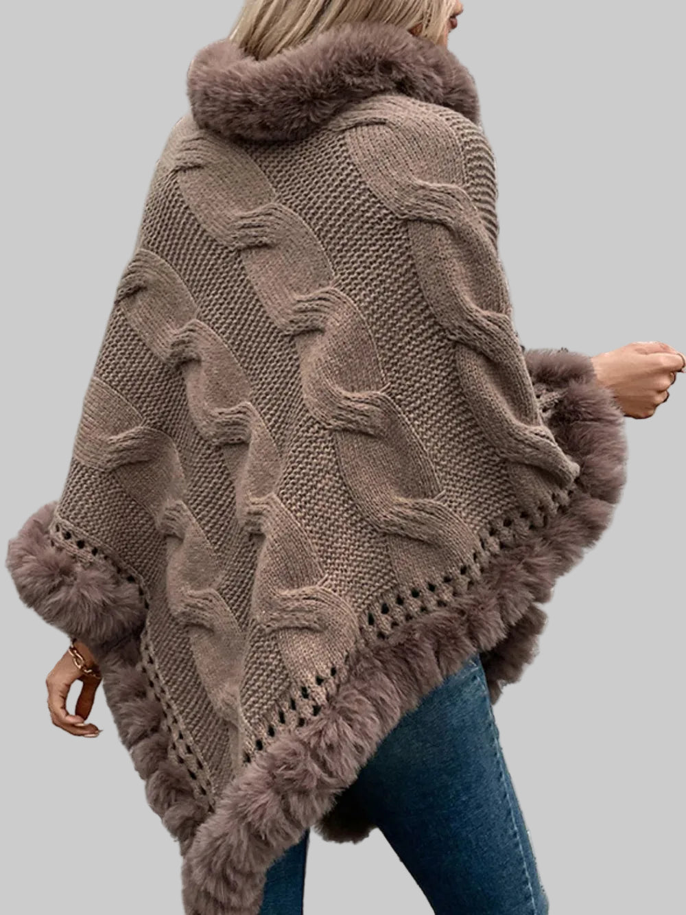 Fuzzy Hem Cable-Knit Poncho Poncho The Nichole Collection