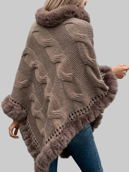 Fuzzy Hem Cable-Knit Poncho Poncho The Nichole Collection