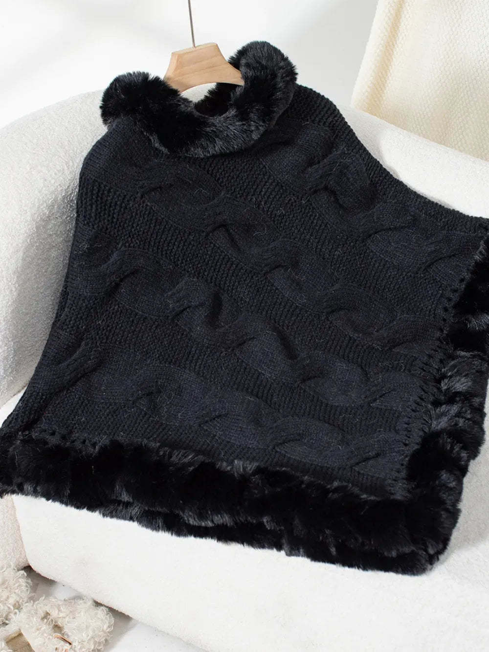 Fuzzy Hem Cable-Knit Poncho Poncho Black / One Size The Nichole Collection